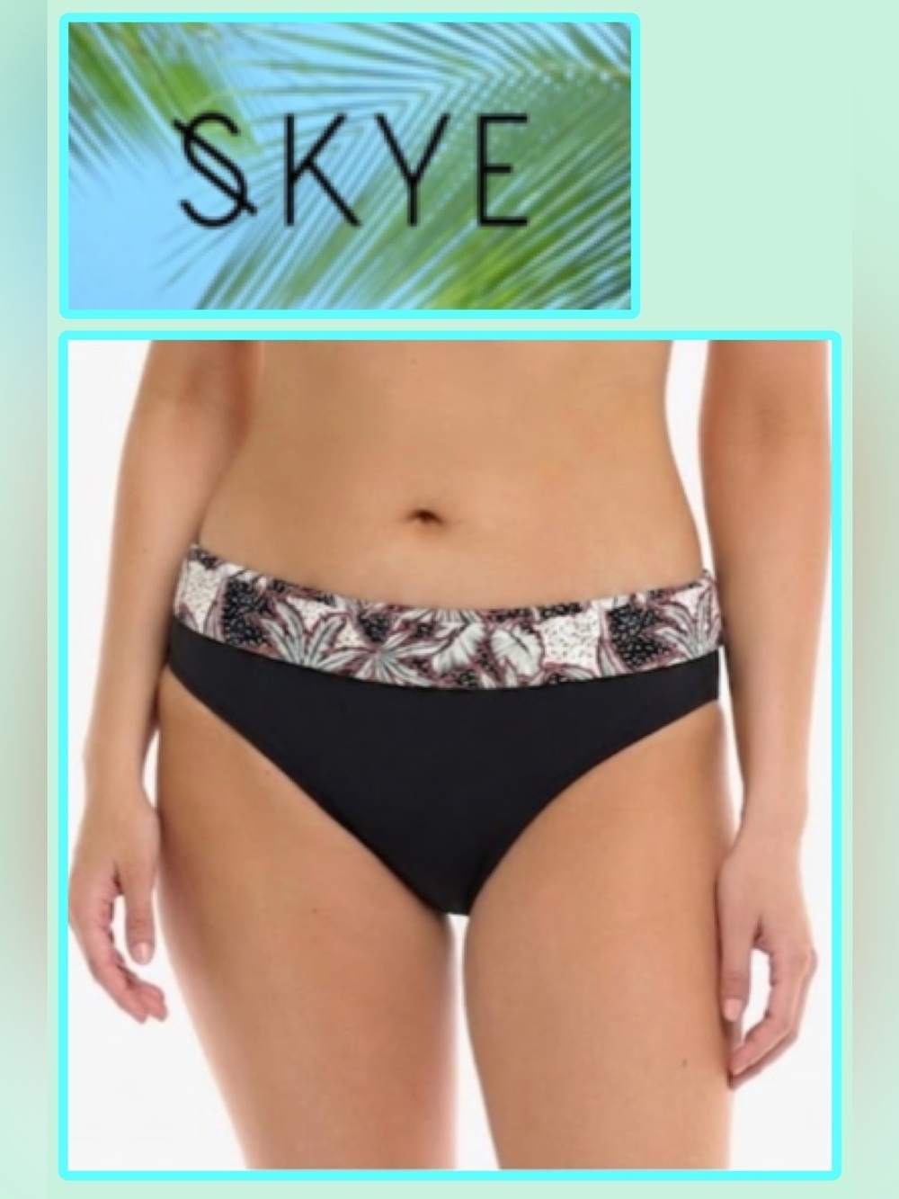 NWT Skye Black Fold-Over Bikini Bottom with Tropical Print Waistband Large